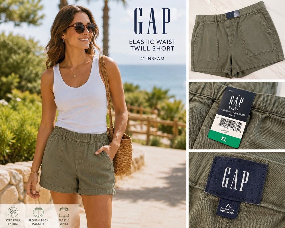 GAP Women's XL Olive Green Elastic Waist Twill Shorts 4" Inseam NWT Casual